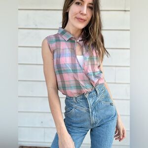 JOOMPY Pastel Plaid Sleeveless Wrap Front Collared Blouse